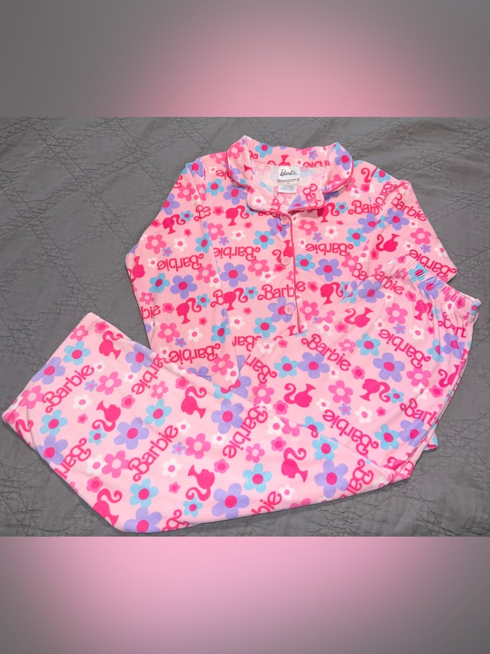 Barbie Pink Floral and Blue Accent Fleece Pajamas